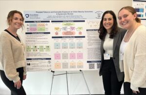 Madison Kelm, Rachel Marcus, and Makenna Luzenski standing with research poster at CSUA 2025